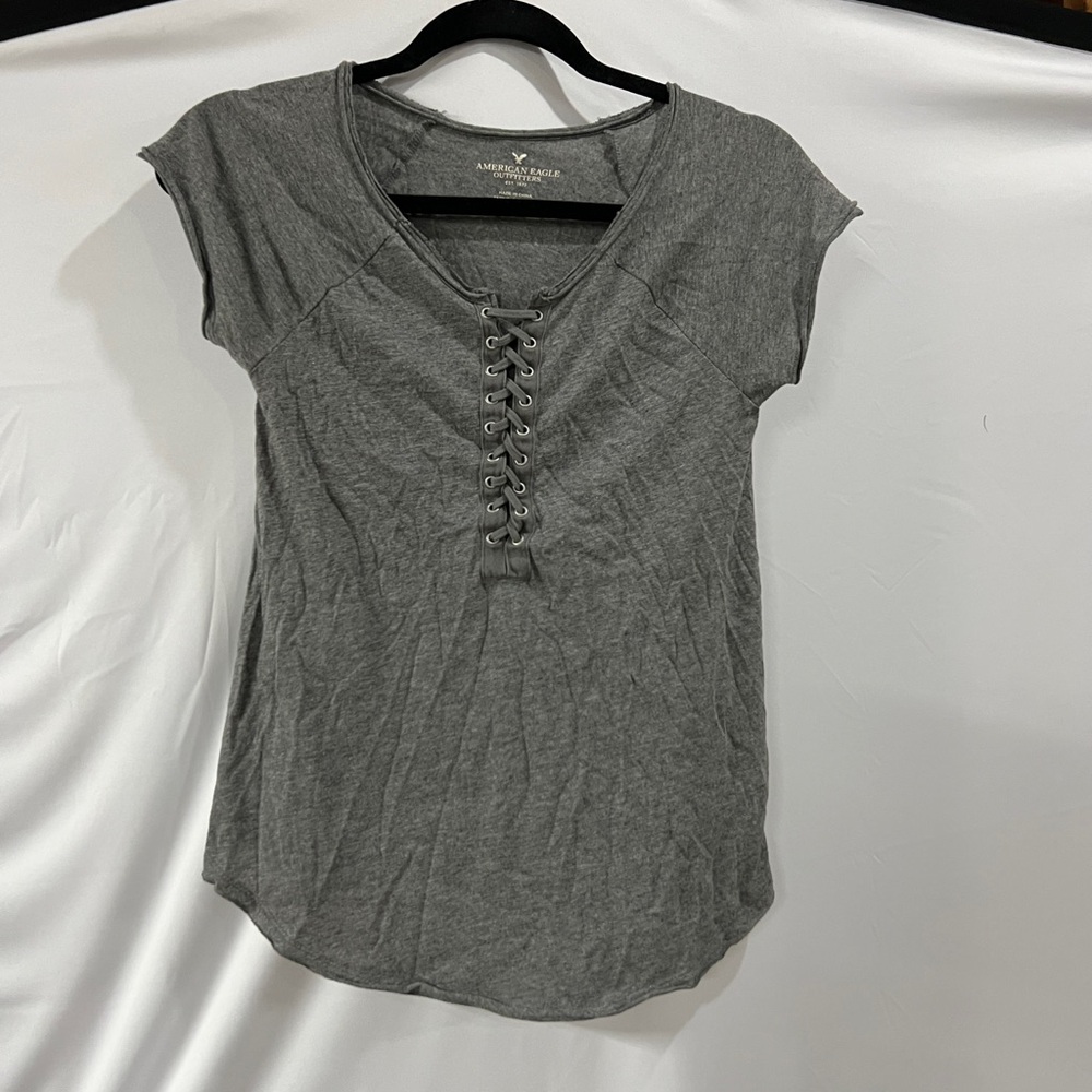 American Eagle Outfitters Gray Lace-Up Women's Top